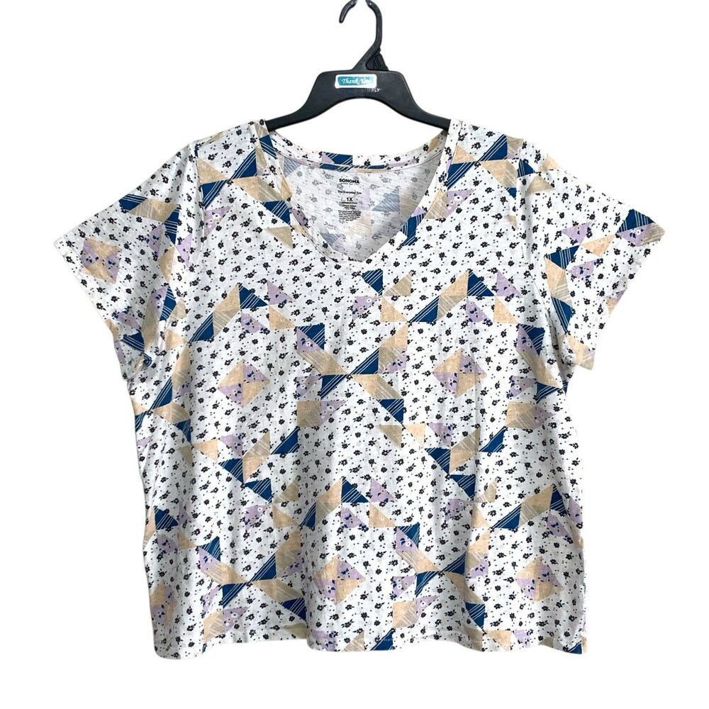 Sonoma The Everyday Tee Womens Size 1X Multicolored Floral Short Sleeve V-Neck